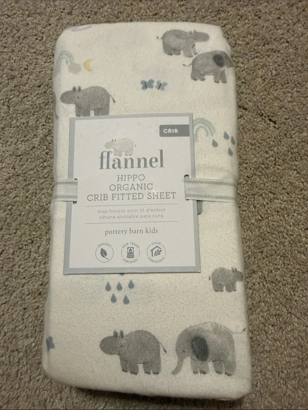 Pottery Barn Kids Hippo Organic Flannel Crib Fitted Sheet - Cream and Gray